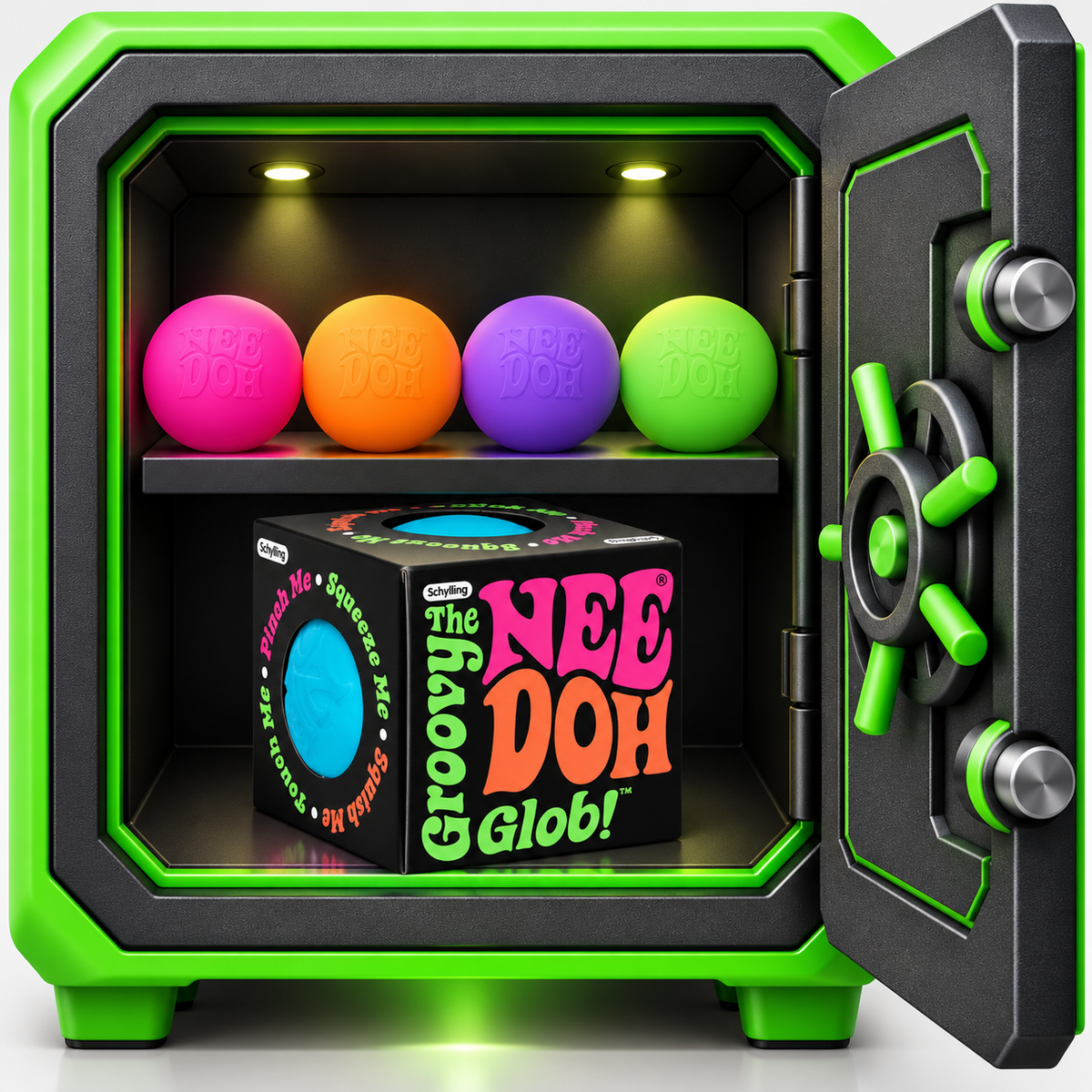 Nee Doh Groovy Glob original squishy stress balls in pink, orange, purple, and green