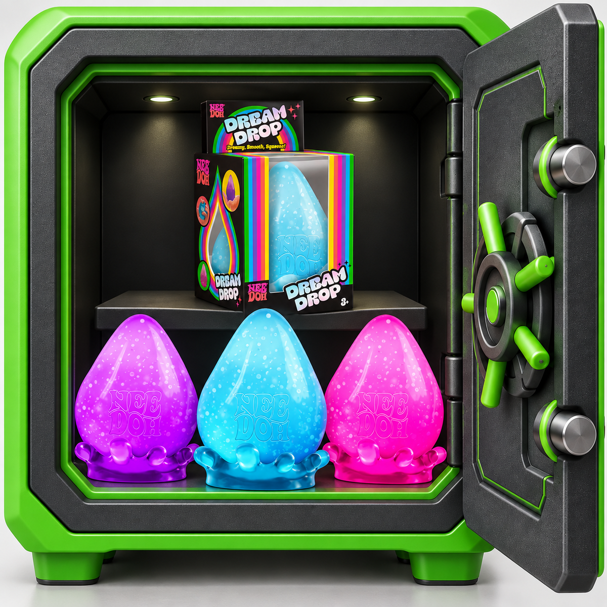 Nee Doh Dream Drop squish balls in pink, orange, purple, and green colors